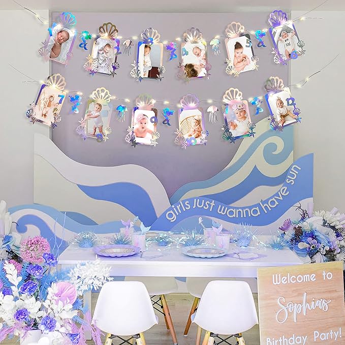 Iridescent Mermaid Photo Banner 4"x6" Jellyfish SeaShell Starfish Photograph Bunting with LED String Light for Little Mermaid Under The Sea Baby Kid Birthday Bachelorette Anniversary Party Decorations