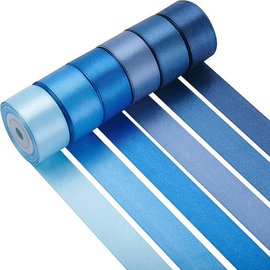 LIUYAXI Blue Satin Ribbon 1 Inch x 6 Rolls Total 60 Yards Use for Gift Wrapping, Flower Bouquets, Hair Bows, Wedding, Invitation Cards, Christmas