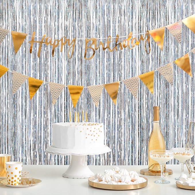 Silver Metallic Tinsel Foil Fringe Curtains Backdrop 2Pack 3.3x8.3Ft Silver Party Streamers for Birthday Party Decorations Halloween Christmas Decors Foil Curtain Backdrop for Bachelorette Wedding
