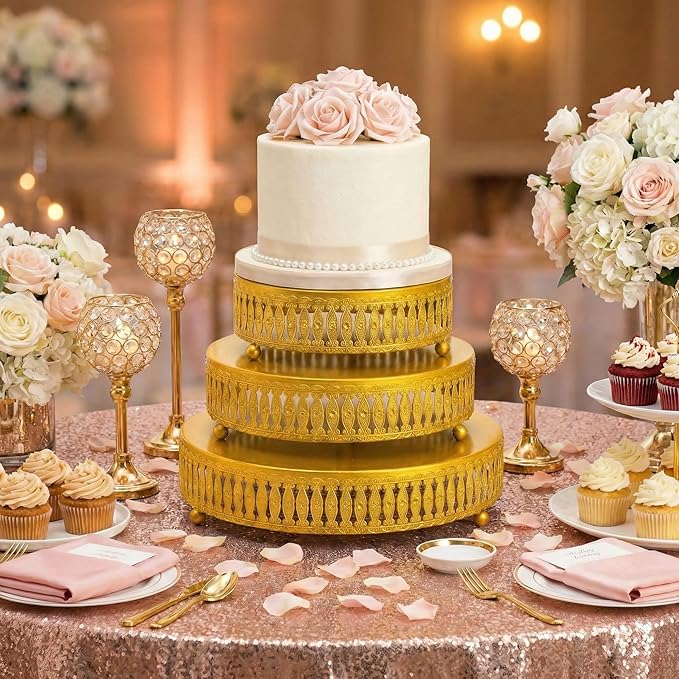 Goaste 3 Pack Metal Gold Cake Stand, 8"/10"/12" Round Cake Stands Set, Dessert Cupcake Display Stand Plate, Metal Display Risers for Pastry, Wedding, Birthday, Party, Anniversary, Table Decor, Events
