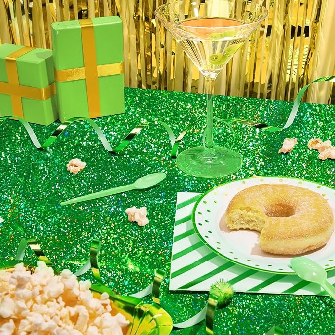 Just Shimmer Sparkling Holographic Laser Tablecloth - Shimmering, Waterproof, Easy to Clean - Ideal for Bachelorette, Birthday, Wedding, and Anniversary Party Decorations (Green & Gold, 2)