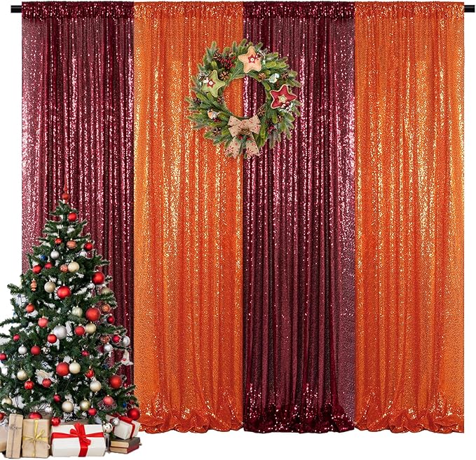 DUOBAO 4 Panels 2x8ft Orange & Burgundy Sequin Backdrop | Sparkle Photography Drape | Seamless Shiny Wall for Weddings, New Year and Events