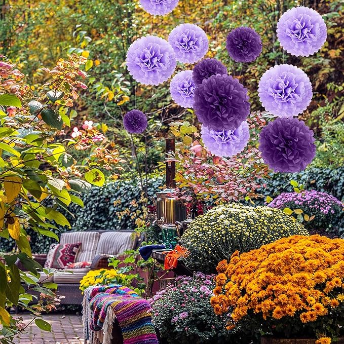 20 PCS Light Purple Tissue Paper Pom Poms Flowers, Sizes 6", 10", 12", 14" Hanging Paper Flower Ball for Wedding, Birthday, Halloween, Christmas, Baby Shower Party Decor