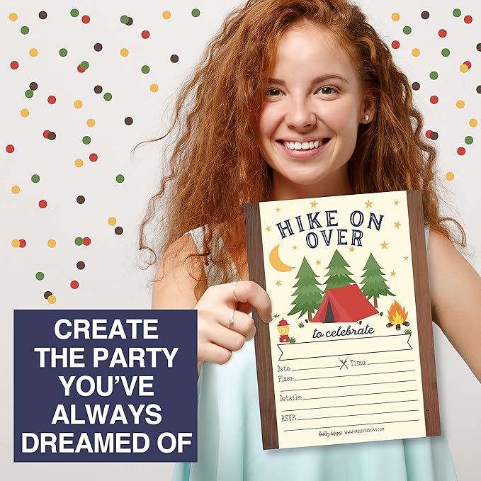 Hadley Designs Kids Birthday Invitations For Boys Camping Theme - 25 Camp Out Birthday Party Invitations For Boys, Camping Invites For Boy, Cute Outdoor Party Supplies, Made In USA