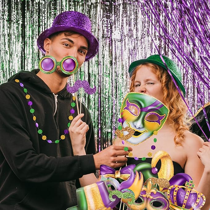 Cheerland Bundle 15Pcs Mardi Gras Fat Tuesday Party Photo Props & 4 pcs Mardi Gras Garland Set in Green Pink Purple Gold