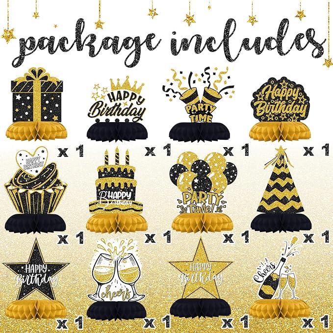 Black and Gold Birthday Decorations – 12Pcs Honeycomb Table Centerpieces, Elegant Party Table Toppers for Women, Classy Black Gold Birthday Party Supplies