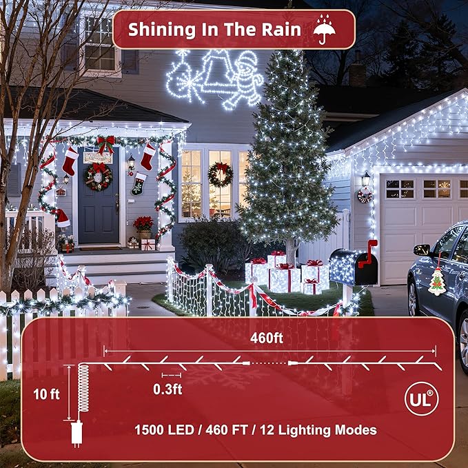 470FT Christmas Lights Outdoor, 1500 LED Christmas Tree Decoration Lights with 12 Modes & Timer Memory, Dimmable Plug In Waterproof LED Xmas Light for Yard Trees Wedding Party Holiday Cool White