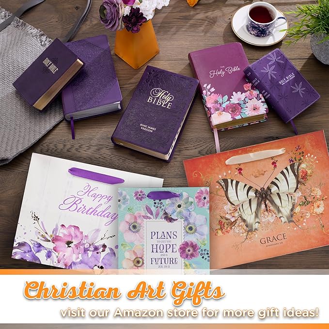 Christian Art Gifts Three Piece Landscape Gift Bag w/Card & Tissue Paper Set for Women: Happy Birthday - White & Purple Blooming Spring & Summer Floral for Moms, Grandmas, Sisters, Girlfriends, Large