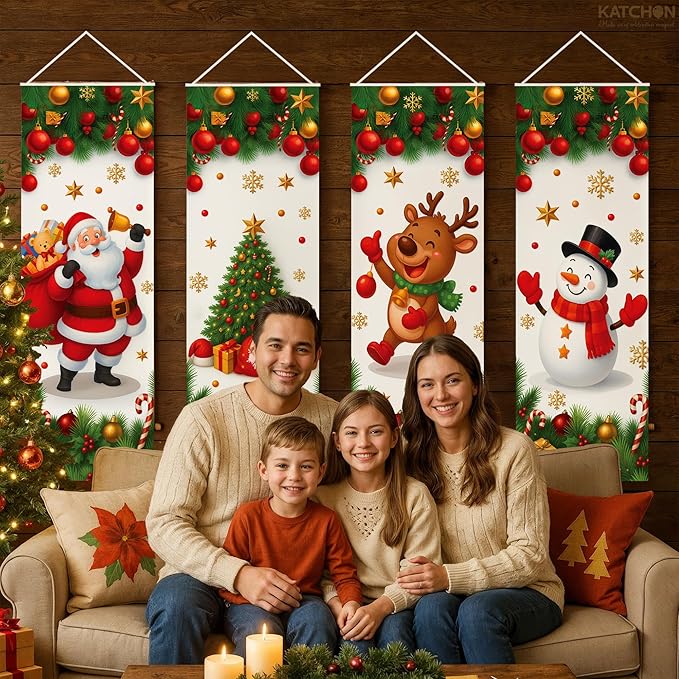 KatchOn Christmas Banners Set – Pack of 4, 47x16 Inch | Holiday Portrait Banners For Christmas Decorations Featuring Santa Claus, Snowman, Xmas Tree, Reindeer for Home, Porch, Living Room | Xmas Decorations
