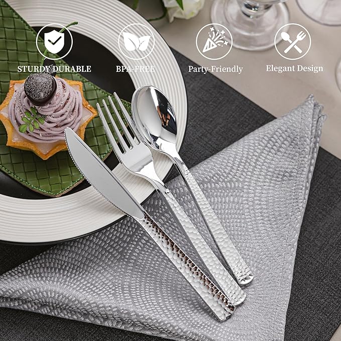 360PCS Silver Plastic Silverware, Heavy Duty Plastic Cutlery Set, Disposable Utensils, 120 Forks, 120 Spoons and 120 Knives for Party, Wedding and Events