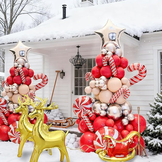 Christmas Tree Balloon Kit & Large Reindeer Sleigh Balloons, 114Pcs Christmas Balloon Arch Kit with Garland Xmas Red Silver Beige and Candy Foil Silver Star, Birthday New Year Party Decorations