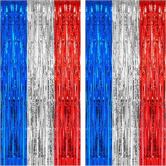 PIGETALE, 2 Pack 3.2 x 8.2 ft Red White and Blue Foil Fringe Backdrop Curtain, Streamer Backdrop Tinsel Curtains Photo Booth Props for Graduation Birthday Memo