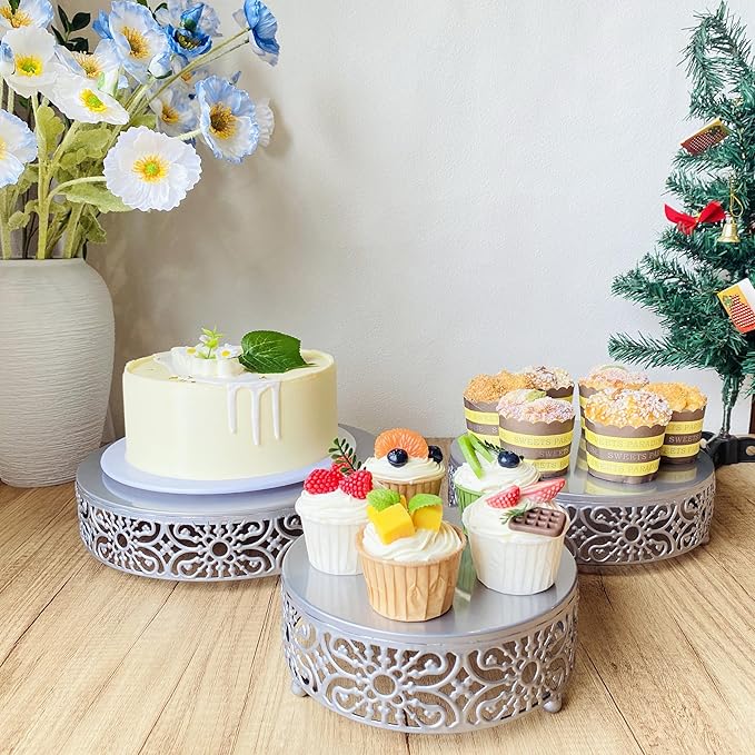 Silver Cake Stand, 3Pcs Round Metal Cake Stand Set, Dessert Cupcake Pastry Candy Display Plate 8" 10" 12" for Wedding, Event, Birthday Party (Silver Cake Stands / 3 Pcs)