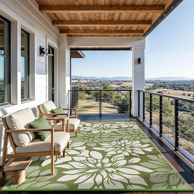 GENIMO Outdoor Rug Waterproof for Patio Decor, 6' x 9' Reversible Plastic Straw Floral Camping Carpet, Large Area Rugs Mats for RV, Camper, Deck, Balcony, Porch, Beach, Picnic, Green & Beige