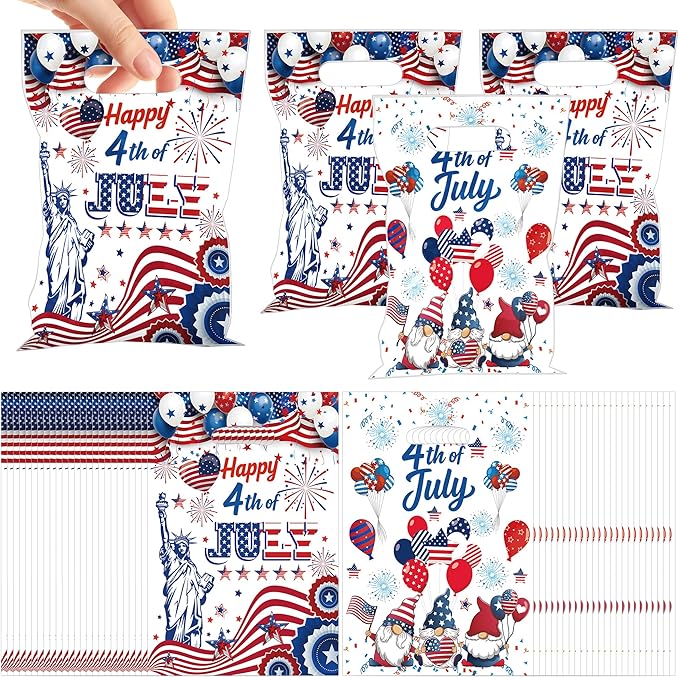 MOIZYNG 50Pcs Happy 4th of July Gift Bags with Handles, Patriotic Red White Blue Plastic Candy Treat Goodie Bags for Fourth of July Independence Day Party Favors Supplies