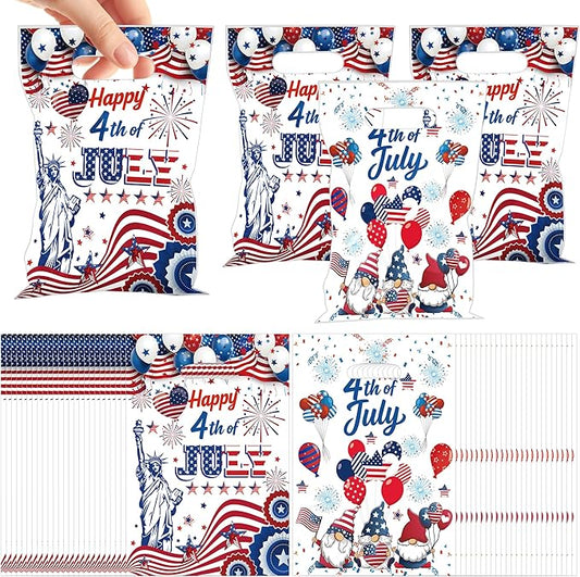 MOIZYNG 50Pcs Happy 4th of July Gift Bags with Handles, Patriotic Red White Blue Plastic Candy Treat Goodie Bags for Fourth of July Independence Day Party Favors Supplies