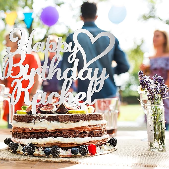 Personalized Birthday Cake Topper - Happy Birthday Cake Toppers w/Name and Heart - Custom Acrylic Cake Decorations, Birthday Cake Topper for Birthday Party - 2 Glitter Acrylic Option