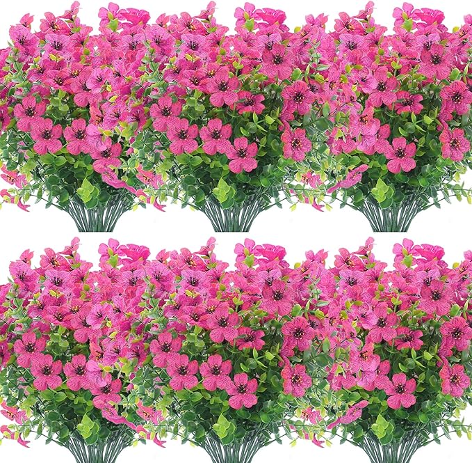 XEOLIAN 12 Bundles Artificial Flowers Outdoor UV Resistant Fake Plastic Plants Indoor Outside Hanging Plants Garden Porch Window Box Home Wedding Farmhouse Festive Shrub Decor (Rose Red)