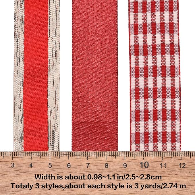 BEEFLYING 3 Styles 9 Yard Red Satin Ribbons Wire Edged Ribbons Wrapping, 25~28mm×2.7m Double-Faced Satin Ribbon for Wedding Party Decor Hair Bows Flower Designs Sewing and Craft
