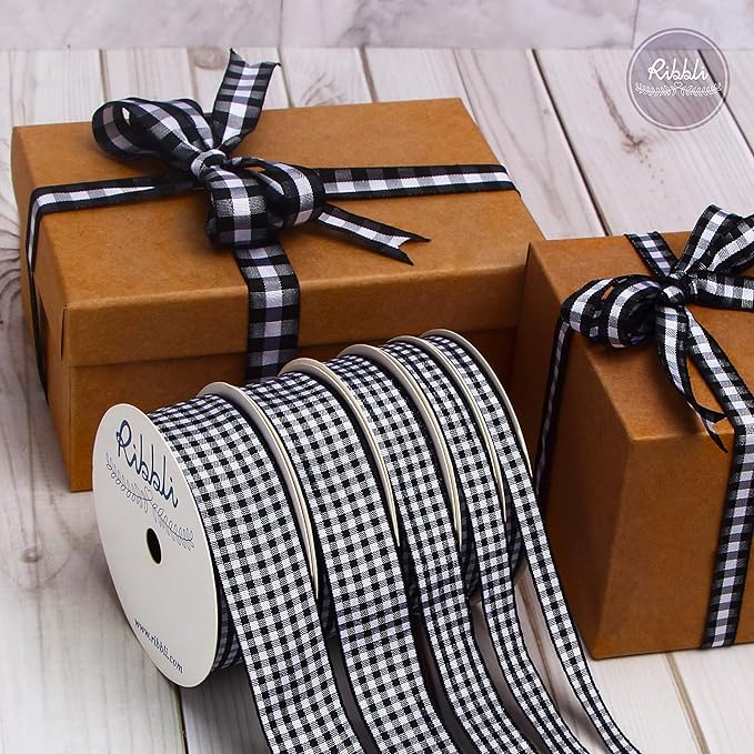Ribbli Black and White Gingham Ribbon,100% Polyester Woven Edge,1/4 Inch x 10 Yard,Plaid Ribbon,Buffalo Checked Ribbon (Black 1)
