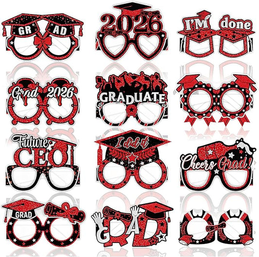 2026 Graduation Party Decorations Glasses, 12 Pcs Class of 2026 Grad Party Eyeglasses Photo Props, Graduation Photo Booth Props for Women Men College Graduation Favors Supplies (Red)