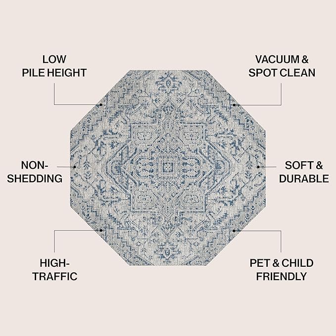 JONATHAN Y Boho Medallion Indoor Outdoor Octagon Area Rug 5 Ft Navy/Gray, Estrella Textured Weave for Backyard, Patio, Porch, Easy-Cleaning, High Traffic, Pet-Friendly, Non-Shedding (SMB105B-5TGN)