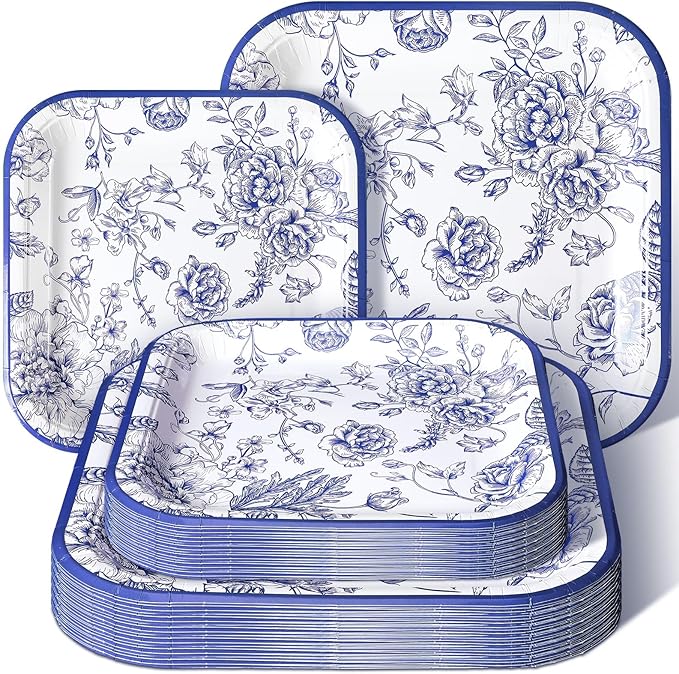 Umigy 100 Pcs Paper Plates Flower Dinner 9'' Floral Disposable Paper Plates 7'' Square Dessert Set for Dinner Birthday Wedding Baby Shower Party Tableware(Blue,Flower)