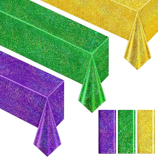 Sparkling Holographic Laser Tablecloth - Shimmering, Waterproof, Easy to Clean - Ideal for Halloween, Bachelorette, Birthday, Wedding, and Anniversary Party Decorations (Purple & Green & Gold, 3)