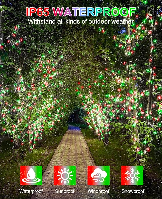 Red White and Green Christmas Lights Outdoor, 80FT 240 LED Christmas Tree Lights Waterproof Plug in, 8 Modes Connectable Christmas Decorations Green Wire for Indoor Home House Patio Holiday