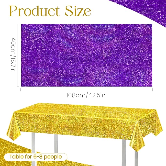 Sparkling Holographic Laser Tablecloth - Shimmering, Waterproof, Easy to Clean - Ideal for Halloween, Bachelorette, Birthday, Wedding, and Anniversary Party Decorations (Purple & Green & Gold, 3)