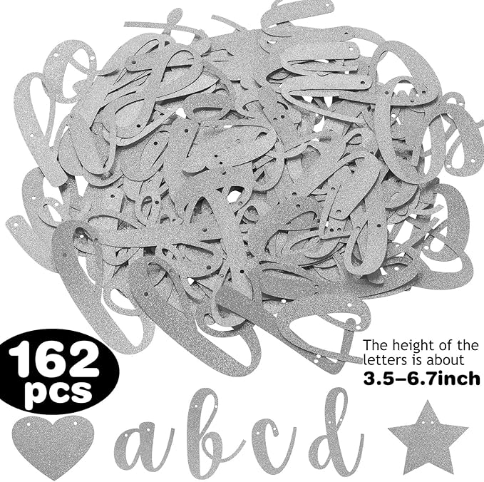 TaoBary 167 Pcs DIY Banner Kit Happy Birthday Glitter Banner Customizable Glitter Make Your Own Kit 162 Letters Symbols and Numbers 3 Rope for Birthday Halloween Wedding Christmas(Silver)
