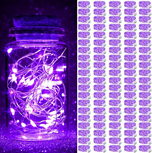 pozzolanas 100 Pack Purple Fairy Lights Battery Operated 3 Modes 7FT 20 LED Waterproof String Lights Twinkle Silver Wire for Mason Jars Wedding Christmas Halloween Party Decor (100, Purple)