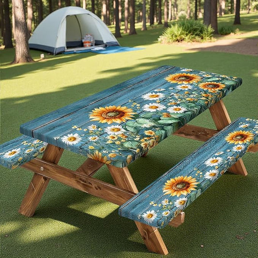 Picnic Table Cover with Bench Covers, Waterproof Elastic Fitted Tablecloths for 6 Foot Rectangle Tables, Outdoor Washable Sunflower Wooden Tablecloth for Camping 30X96in