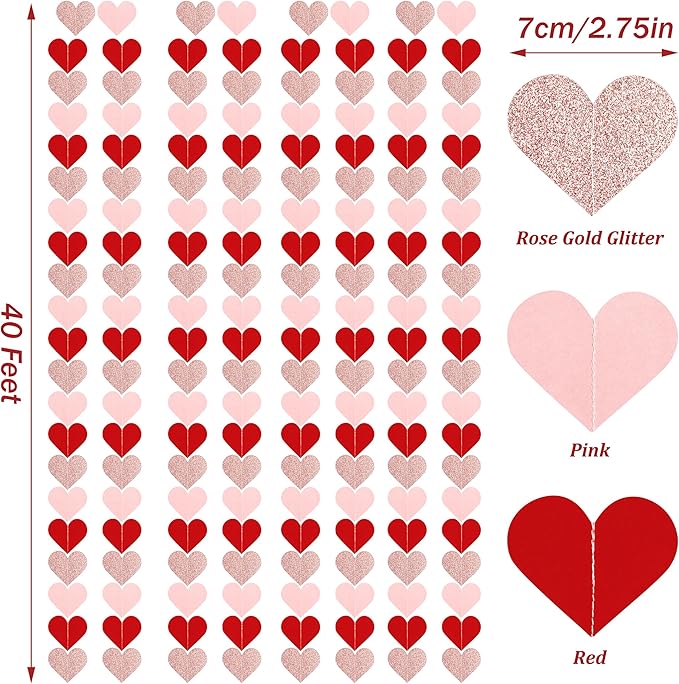 40 Feet Red & Pink Heart Garland Glitter Heart Banner Garland Decoration, Ceiling Hanging for Wedding Bridal Shower Hanging Decoration Streamers