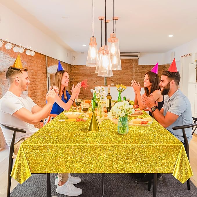 Just Shimmer Sparkling Holographic Laser Tablecloth - Shimmering, Waterproof, Easy to Clean - Ideal for Bachelorette, Birthday, Wedding, and Anniversary Party Decorations (Green & Gold, 2)