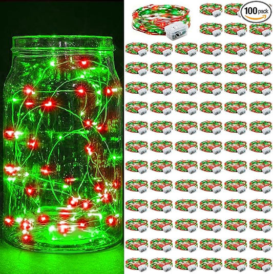 100 Pack Fairy Lights 7Ft 20 LED Twinkle String Lights 3 Modes Battery Operated Waterproof Firefly Starry for Mason Jar Party Wedding Christmas Valentines Day Table Centerpieces,Red&Green