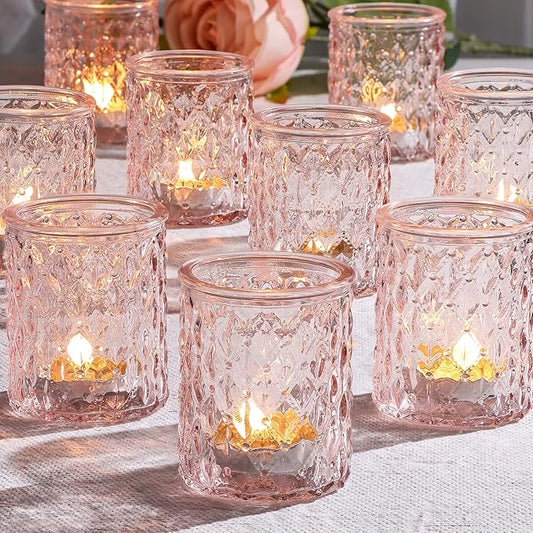 NITIME 12pcs Pink Votive Candle Holders, Tealight Candle Holder for Valentine's Day, Baby Shower Decorations for Girl, Glass Candle Holder for Wedding Centerpieces, Bridal Shower, Party Decorations
