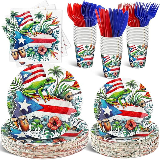 FoldTier 350 Pcs Puerto Rico Party Decoration Disposable Paper Plates Napkin Cup Puerto Rico Latin Birthday Tableware Tropical Fiesta Flag Coqui Frog for Summer Bachelorette Pool Party Serve 50 Guests