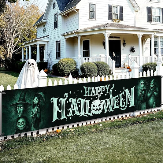 KatchOn, Happy Halloween Banner For Outdoor - 120x20 Inch | Halloween Yard Banner Decoration for Yard | Outdoor Banner for Porch, Fence or Garden Decoration | Hanging Banners for Halloween Decorations