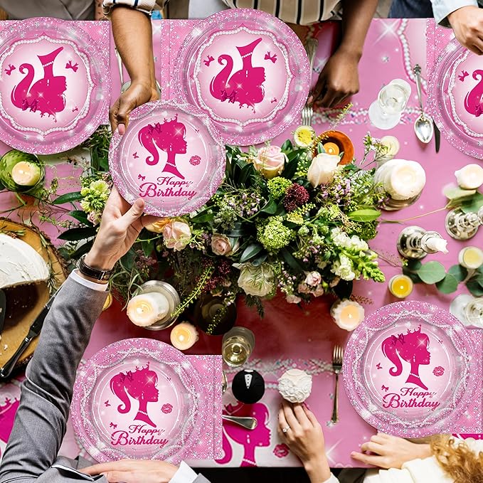 161CT Pink Girl Babe Happy Birthday Party Supplies Babe Head Paper Plates Cups Straw Napkins Spoon Fork knives Tablecloth Hot Pink Girl Party Decorations Tableware for 20 Guests for Bday Baby Shower