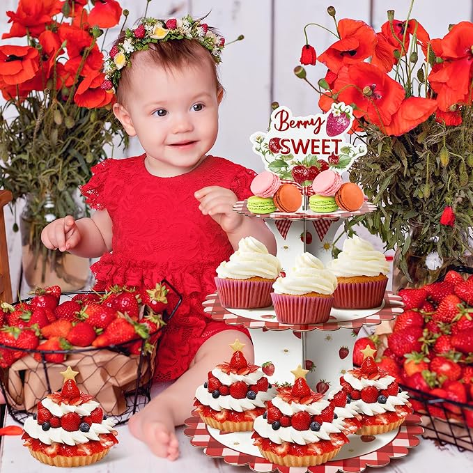 Haooryx Strawberry Cupcake Stand - 3 Tier Berry Sweet Red Plaid Cupcake Tower Cardboard Dessert Holder Pastry Platter for Baby Shower Girls Birthday Spring Summer Holiday Party Table Decoration Supply
