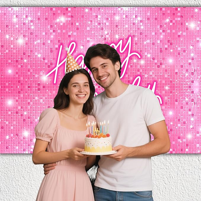 Pink Happy Birthday Backdrop 10x6 FT Polyester Girls Women Photography Background Flash Square Glitter Shimmer Wall Backdrop Photo Booth Props Decoration Party Banner
