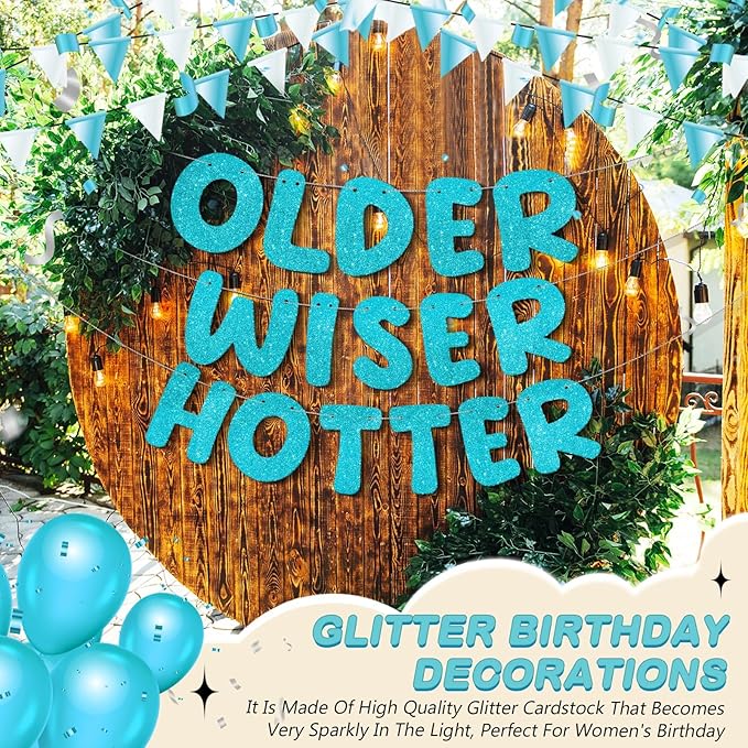 Fulmoon Set of 3 Pre Strung Older Wiser Hotter Glitter Banner Funny Birthday Banner for Women 30th 40th 50th 60th 70th 80th Birthday Party Decorations Sign Gift(Blue)