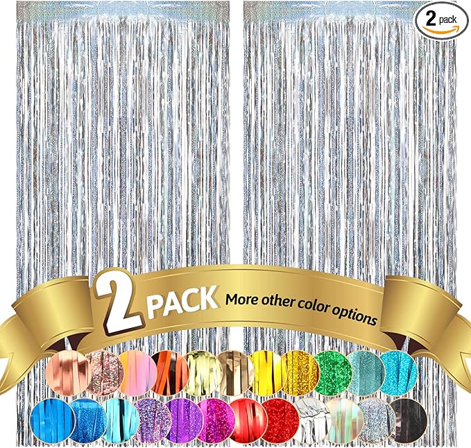 Silver Metallic Tinsel Foil Fringe Curtains Backdrop 2Pack 3.3x8.3Ft Silver Party Streamers for Birthday Party Decorations Halloween Christmas Decors Foil Curtain Backdrop for Bachelorette Wedding