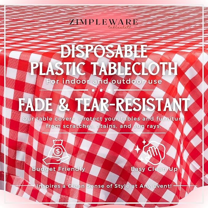 ZIMPLEWARE Premium Red Gingham Checkered Plastic Table Cloth Disposable (12 Pack) Round Tablecloth (84in) Party Table Cloths Disposable, Perfect Table Cloth Round Cover for Any Table Up to 6 Feet