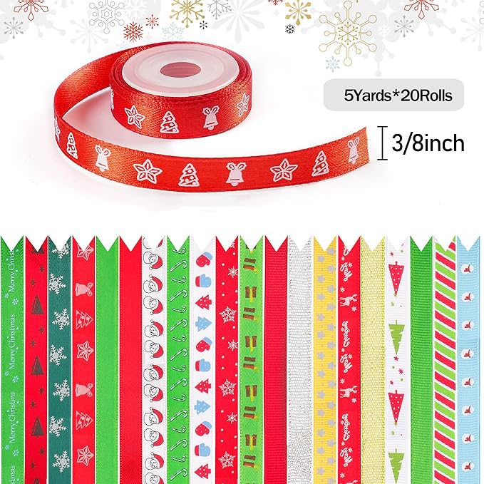 20 Rolls 100 Yards Christmas Ribbon for Gift Wrapping, 3/8 Inch Printed Christmas Grosgrain Ribbon, Christmas Ribbon for Gift Wrapping Crafts DIY Holiday Xmas Decorations