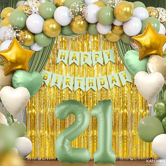 KatchOn, Sage Green 21st Birthday Decorations Set – Pack of 49 | Sage Green 21 Balloon Number, Star, Heart & Confetti Balloons, Gold Backdrop | 21st Sage Green Birthday Decorations for Him, Her