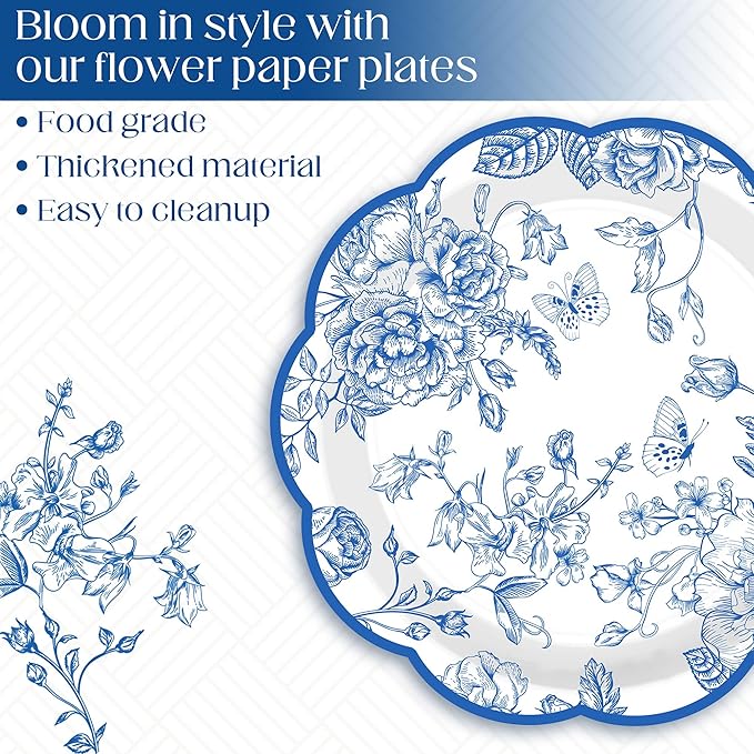 Kochorie 100 Pieces Blue Flower Paper Plates 7 Inches Disposable Floral Paper Plates Scalloped Blue Chinoiserie Vintage Flower Dessert Plate for Wedding Birthday Holiday Party Decor Supplies