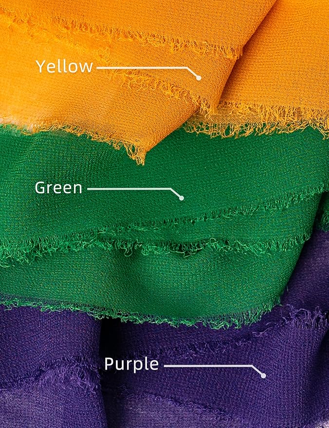 Chiffon Ribbon, Mardi Gras Party Decorations, 1.5''x21Yd Purple Green Yellow Frayed Fringe Silk Ribbon for Gift Wrapping, Floral Vase Decoration, Birthday, Engagement, Bridal Shower, 3 Rolls