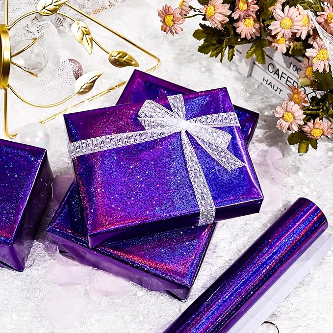 Burymento Purple Wrapping Paper Roll, Metallic Holographic Star Gift Wrap for Birthday, Valentines, Mothers day, Graduation, Wedding, Fathers day, Baby Shower, Christmas (17 IN x 32.8 FT)